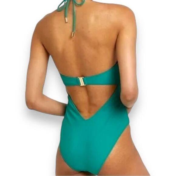 River Island - Women’s Emerald Green Strappy High Cut One Piece Swimsuit - Picture 4 of 14